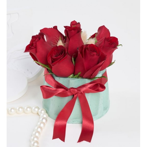 Turkuaz Sütun Saksıda 8 Kırmızı Gül
